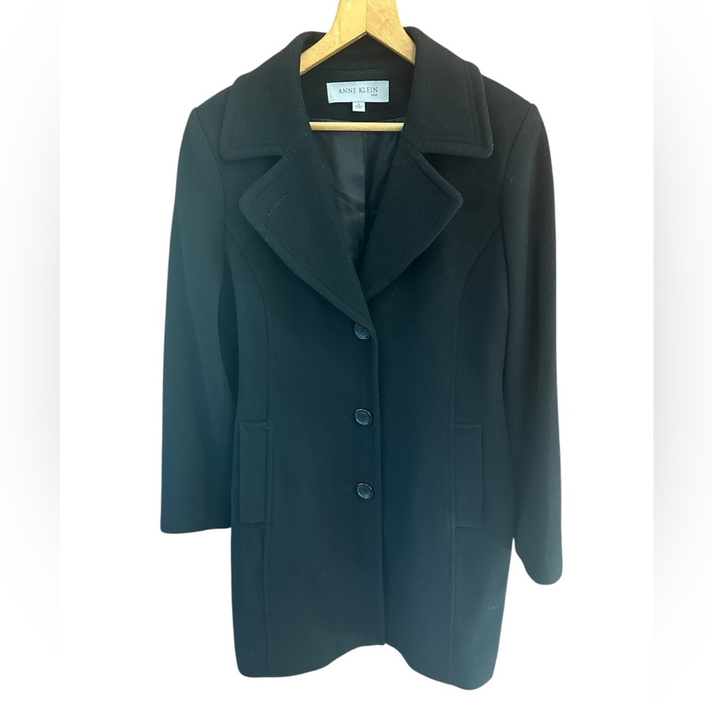 Anne Klein Coat Black 40" Long Lambswool Cashmere Button Down Overcoat Size 10